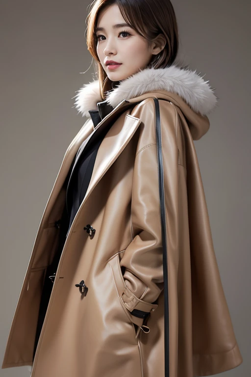 a woman in a long coat with a fur collar, inspired by Cao Zhibai, leather duffle coat, brown tuffle coat, coat decollete jodhpurs, hooded fur coat, grey tarnished longcoat