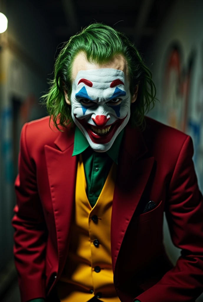 ((masterpiece)) ((photography)) ((Highest quality)) A hyper-realistic and detailed portrait of ((Joaquin Phoenix)) as the Joker. He wears his signature red suit, yellow vest, and green shirt, with his hair slicked back and dyed green. HisHe is without his clown makeup. His expression is intense and unsettling, with a wide, sinister grin that highlights the contrast between his painted smile and his piercing eyes. The background is dark and gritty, with hints of graffiti and dim city lights, capturing the essence of Gotham's underworld. shadows and photo taken with SONY ALPHA 77