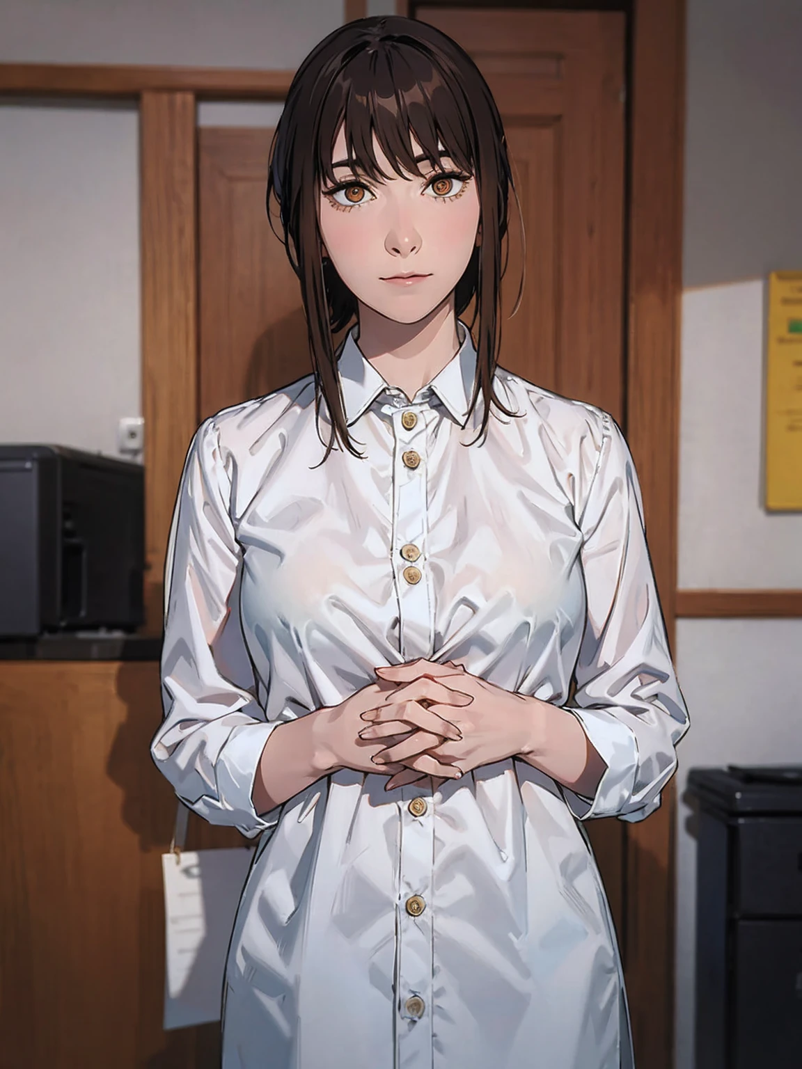 ( Front View ) Woman standing with her hands together in front of her chest, (Makima、 shirt,  ties, pants:0.5) (Realistic detailed face), ( High Details ), , Symmetrical face, Detailed Students, 's expressive eyes , Real Photo, Contemporary look, 
