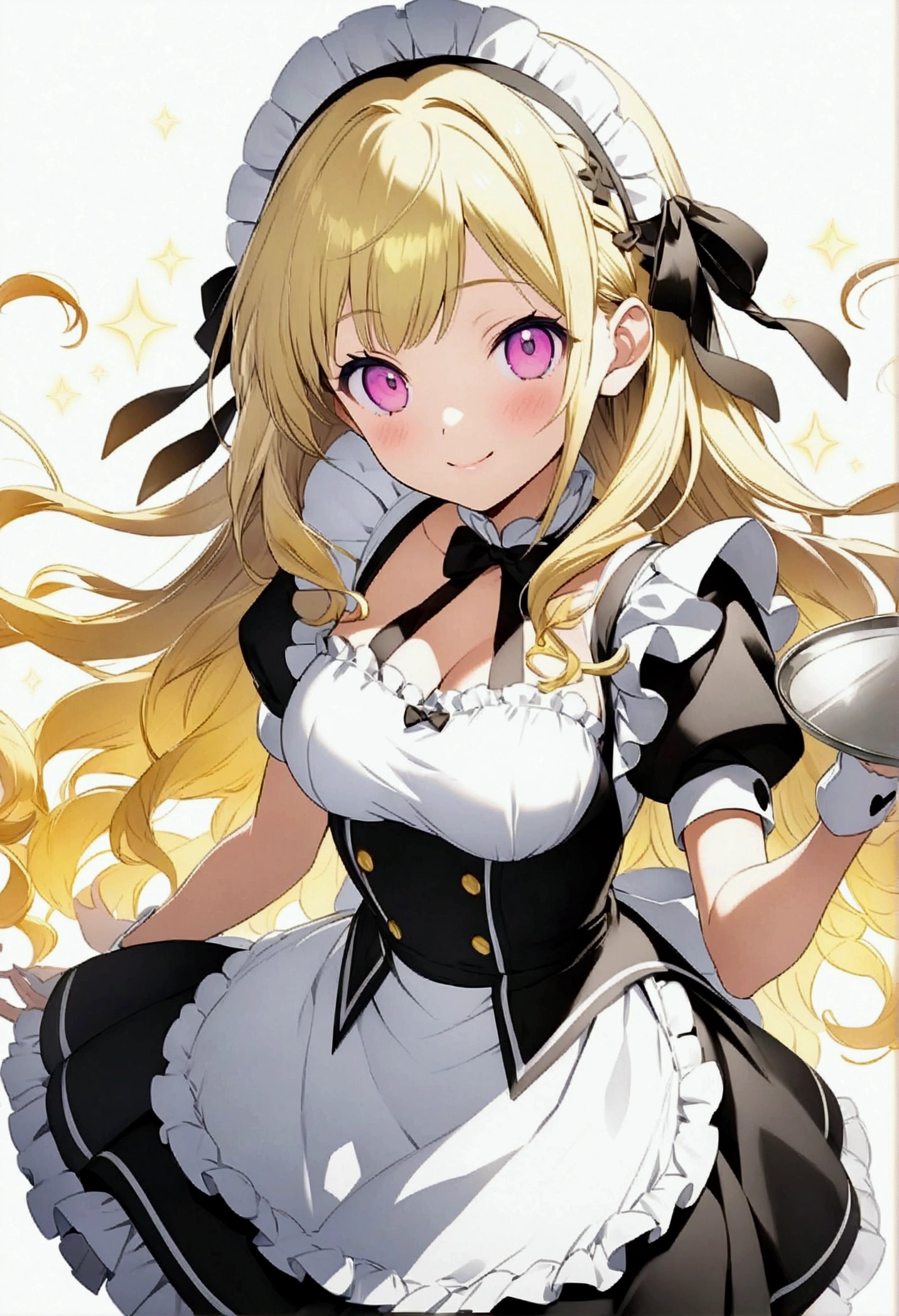“An anime-style girl in a black and white maid costume with detailed frills and stockings. Her hair is long and golden blonde, with a soft glow. She is holding a silver tray and winking playfully. Background is a light pink gradient with soft sparkles. High detail, vibrant colors, professional rendering.”