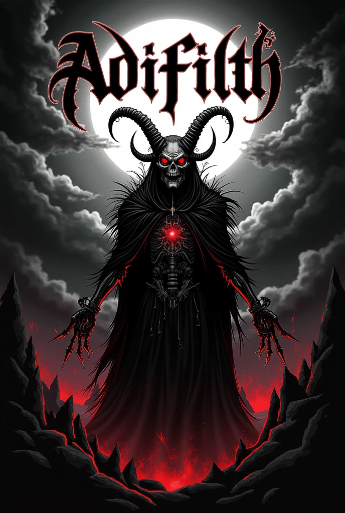 flyer for metal event A creepy stage with scary satanic goat and dark skulls, negro, Red In the background a wall that says Blood Moon Fest