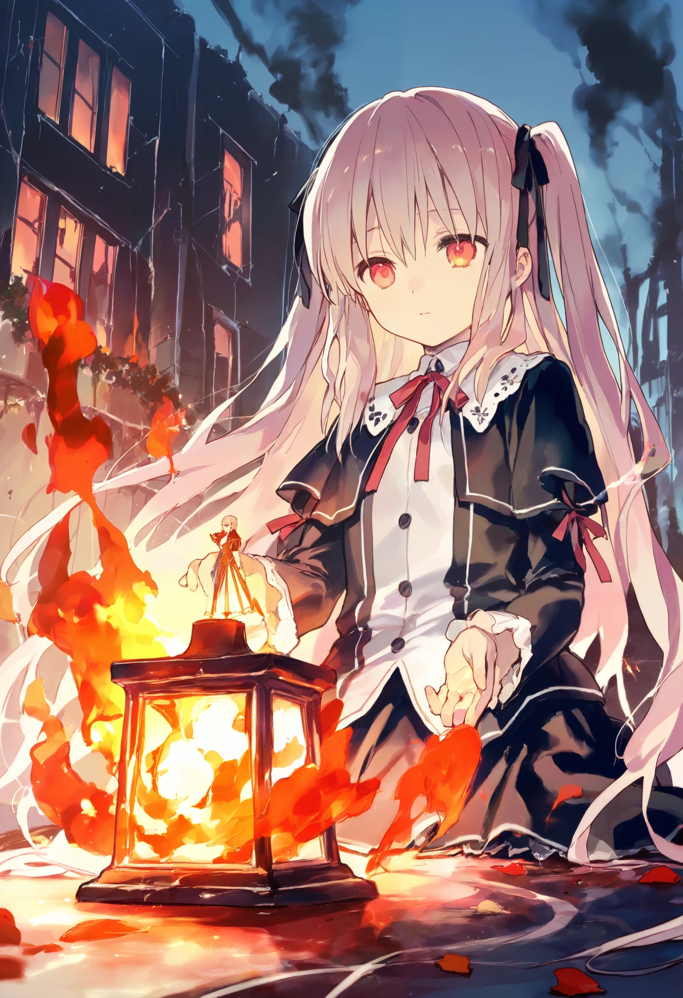 illustration, best quality, symbolic and melancholic composition, a fragile glass figurine resting in a small, delicate hand, faint cracks visible on its surface, reflecting soft, pale light, a shadowy and war-torn background with ruined buildings and faint silhouettes of marching soldiers, subtle bloodstains on the ground, distant fire illuminating the night, air filled with smoke and ash, a poignant contrast between delicate beauty and violent destruction, muted and somber color palette with glowing highlights
