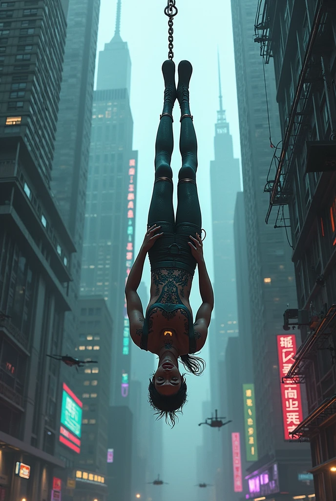 A giant woman in a lying on top of a cyberpunk city, Wear short skirts,Little guys running around the giant girl.