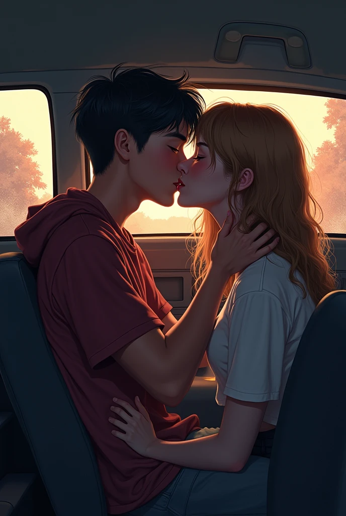 Hiding and kissing in the car,high school student,Blonde,Earrings,Bra is visible