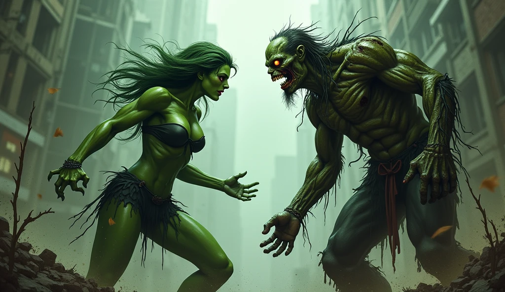 Huge alien monster fighting a powerless green woman
