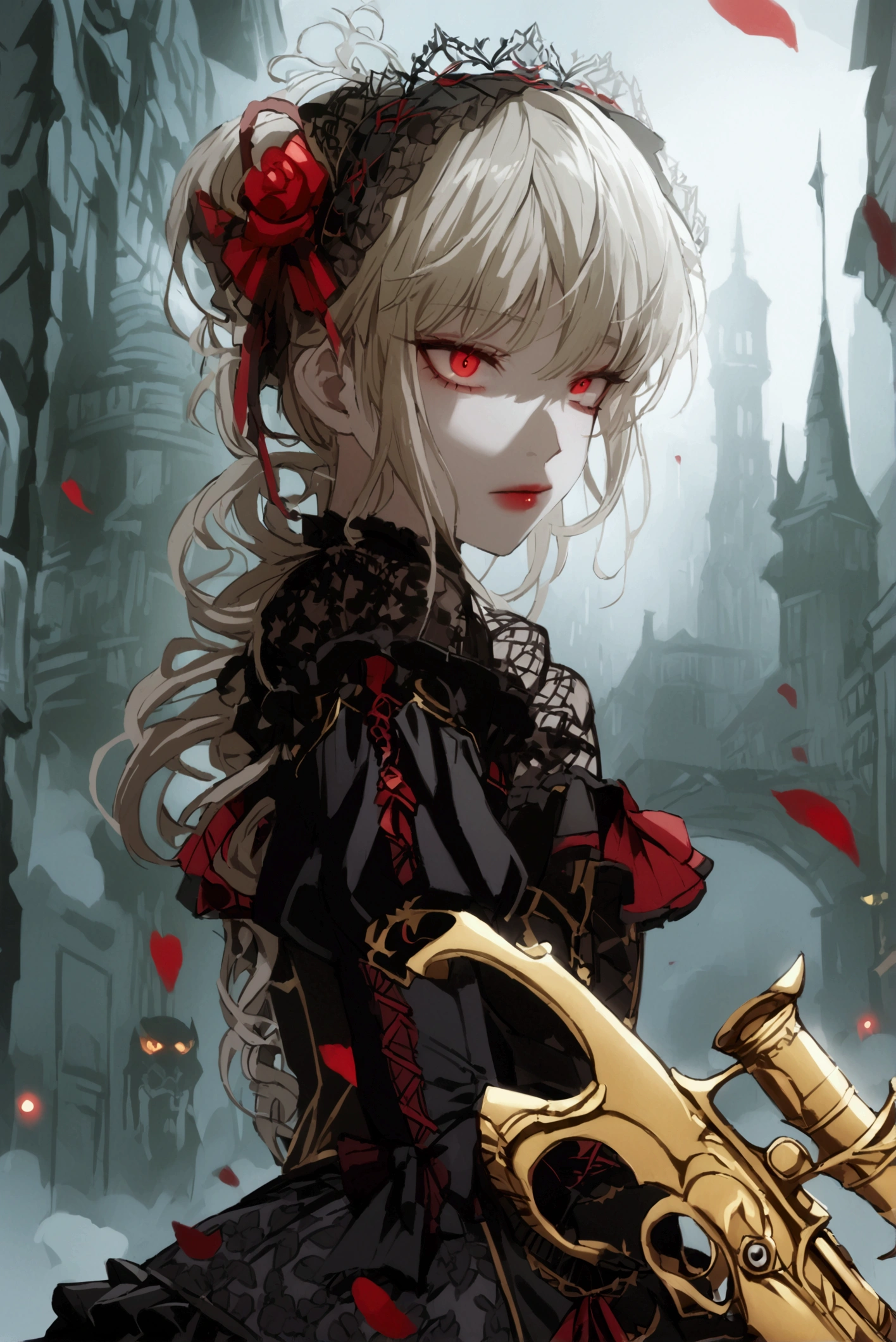  A mysterious young girl with an elegant but dangerous appearance .  He has long golden black hair that unravels ,  decorated with red ribbons on the sides . His eyes are unique ,  one red like blood ,  and who another is golden with an analog clock-like design inside.  He wears a gothic-style dress ****ta in black and red ,  decorated with lace and ribbon accents ,  with a hint of an ancient but alluring aura .  He holds an antique rifle in one hand ,  and in the other hand is a gold-plated pistol .  The background is a city shrouded in fog with a dark atmosphere ,  like the eve of the night .