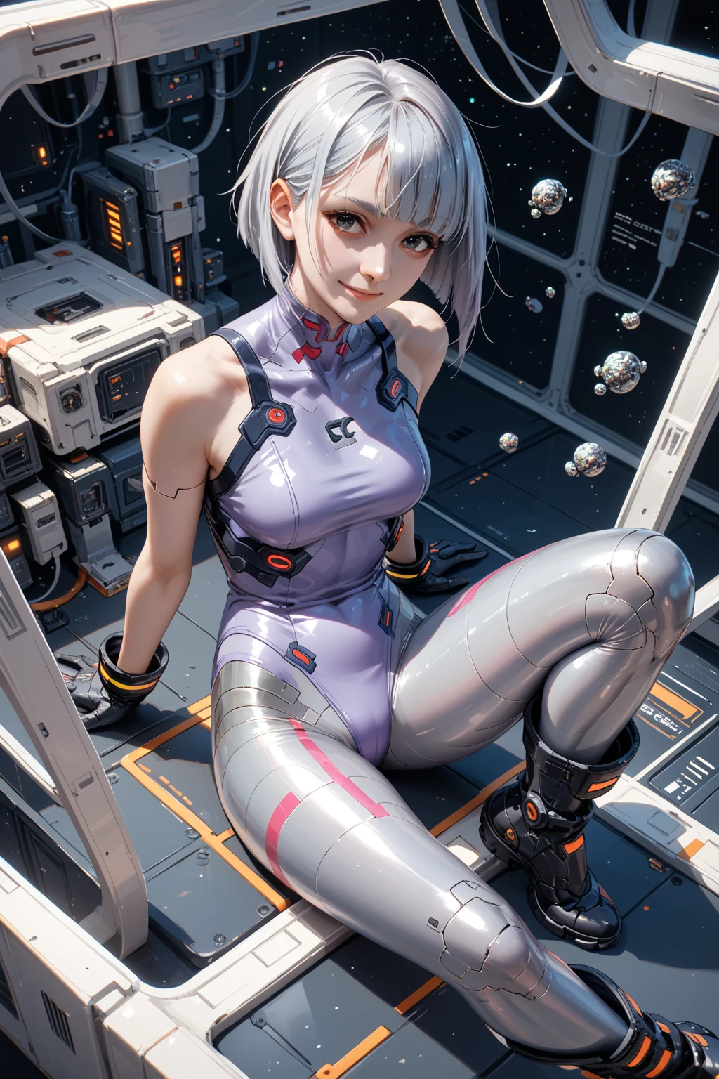 snfw,(highest quality:1.2),1 girl,alone,Are standing_Split,tsunade senju,(white leotard:1.2)、short hair,blue hair,bangs,interface headset,hair between eyes,pixelated background,neon light,SF color scheme,Bright colors,metallic texture,detailed shading,Holographic interface,dark atmosphere,high contrast,sharp focus,twig of hair,Reflective surface,exquisite details,High resolution,studio lighting,Red accents,Illuminated environment,artificial intelligence assistant、camel toe, naked