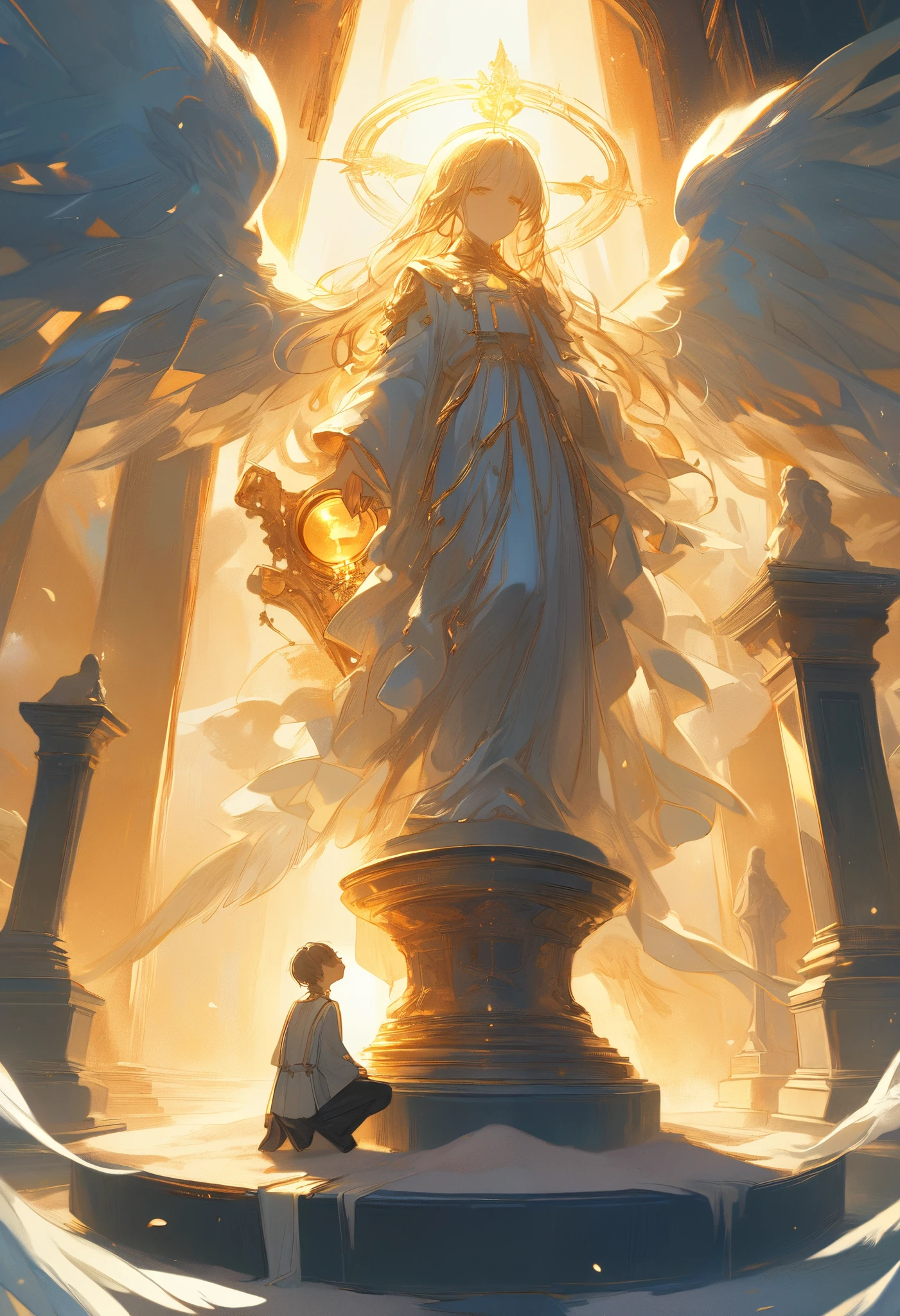 illustration, best quality, symbolic and emotional composition, a silver hourglass resting on an ornate pedestal, grains of shimmering sand nearly depleted, a faintly glowing ember floating above it, a sorrowful man kneeling before a stone statue of an angel, the statue's back adorned with radiant, ethereal wings made of light, golden rays breaking through heavy clouds, scattered petals and ash drifting in the air, atmosphere of redemption and quiet transcendence, muted silver and warm golden color palette
