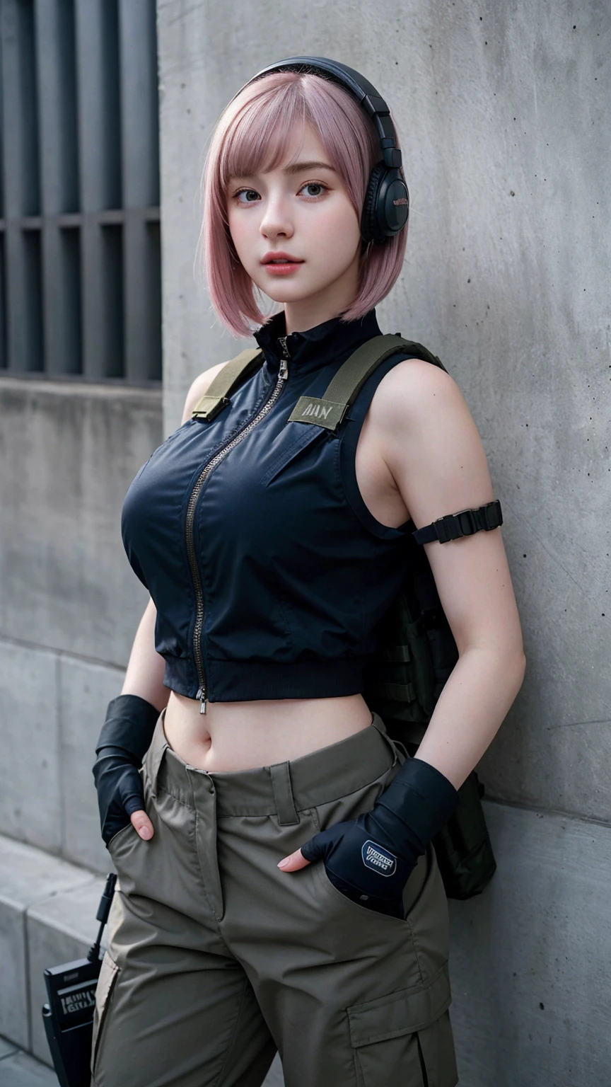 ((best quality)), photorealistic, photorealism, Photorealistic, high resolution, 1 Girl, Beautiful, Baby Face, 20 Years Old, White Skin, pale skin, Large Breasts, (wearing army suit, tactical vests, black gloves, high-tech headset), cloths color based on black dark blue), concrete wall background, pink hair, bob cut, ((adorable:1.1)), ((masterpiece:1.1)), Sleepy Cute Face, aroused, sexy poses, ((realistic)), very realistic, full body figure, long legs