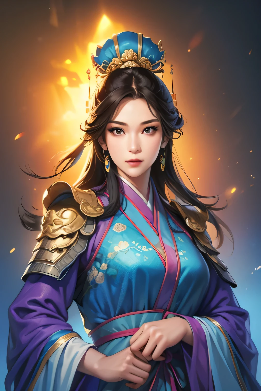 Han Dynasty Landscape、Three Kingdoms、(Highest quality,4K,8k,High resolution,masterpiece:1.2)、Very detailed, High resolution,hyper HD、Studio Lighting、Ultra-fine painting、 Sharp focus、 Physically Based Rendering、 Very detailed explanation、 Professional、 Vibrant colors、Traditional Chinese Painting Techniques、 Atmospheric lighting、 Vivid color contrast、Very detailed目と顔、 Beautiful attention to detail、 Light on the face、young woman wearing armor、(armor: 1.1)、Eyes are green, perfect body, (((ung woman))、Anatomically correct、Dynamic Pose, full-body potrait