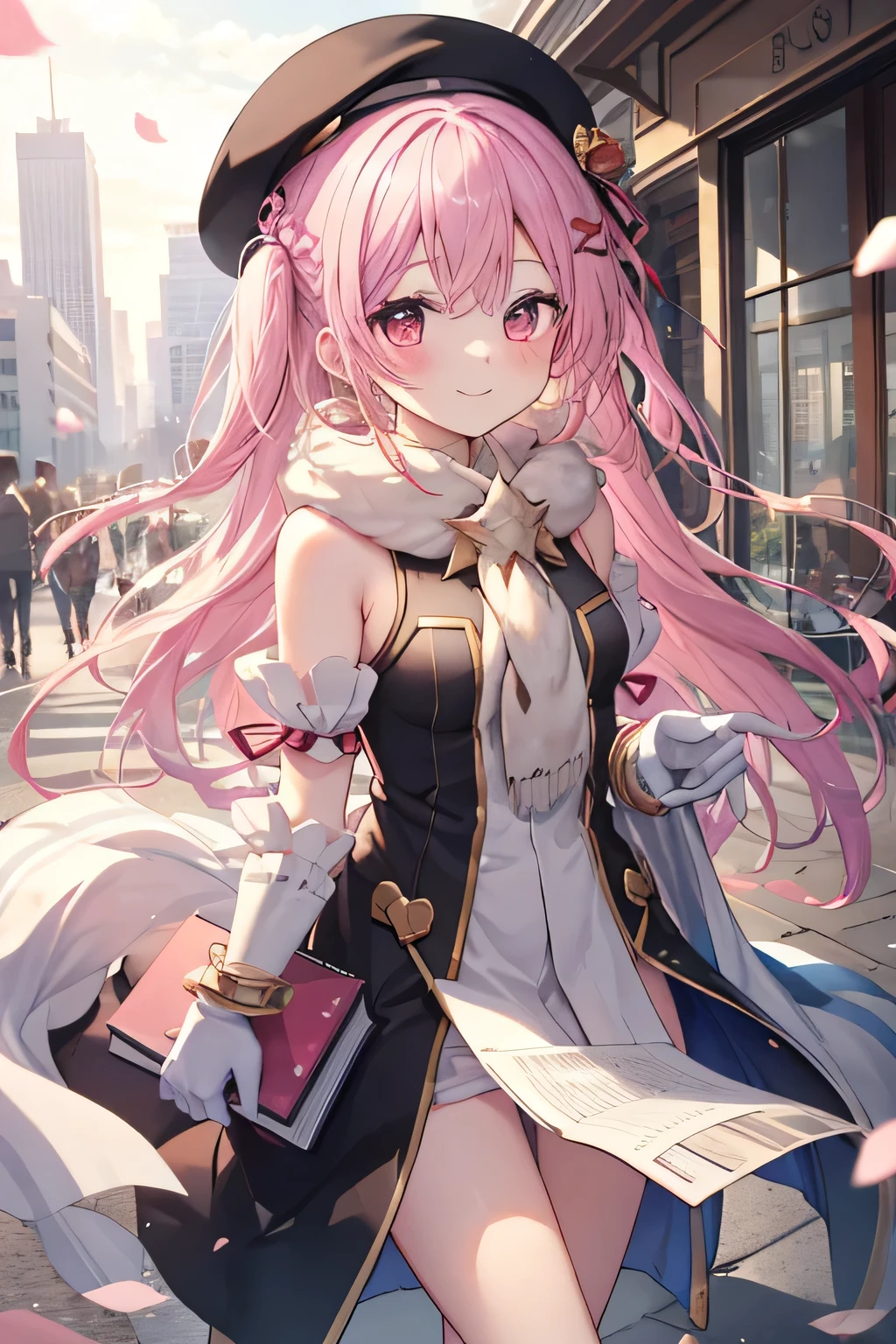 girl smiling, walking,  Straight hair , Invoking with his book (Effects,  Essence Cosmics), standing, city background, city background(Home), complete anatomy,  graphic effects , aura,  accessory with a flower on the head, Miku Priestess cosplay, Beret Blanco , primera persona,  white gloves, Black Pencil , blush, aura, Brilliant Summoning Circle,  sakura petals and leaves, primera persona, strong breeze , blush,  looking at the viewer , Charm, Pausa de toque ciego  looking at the viewer , 