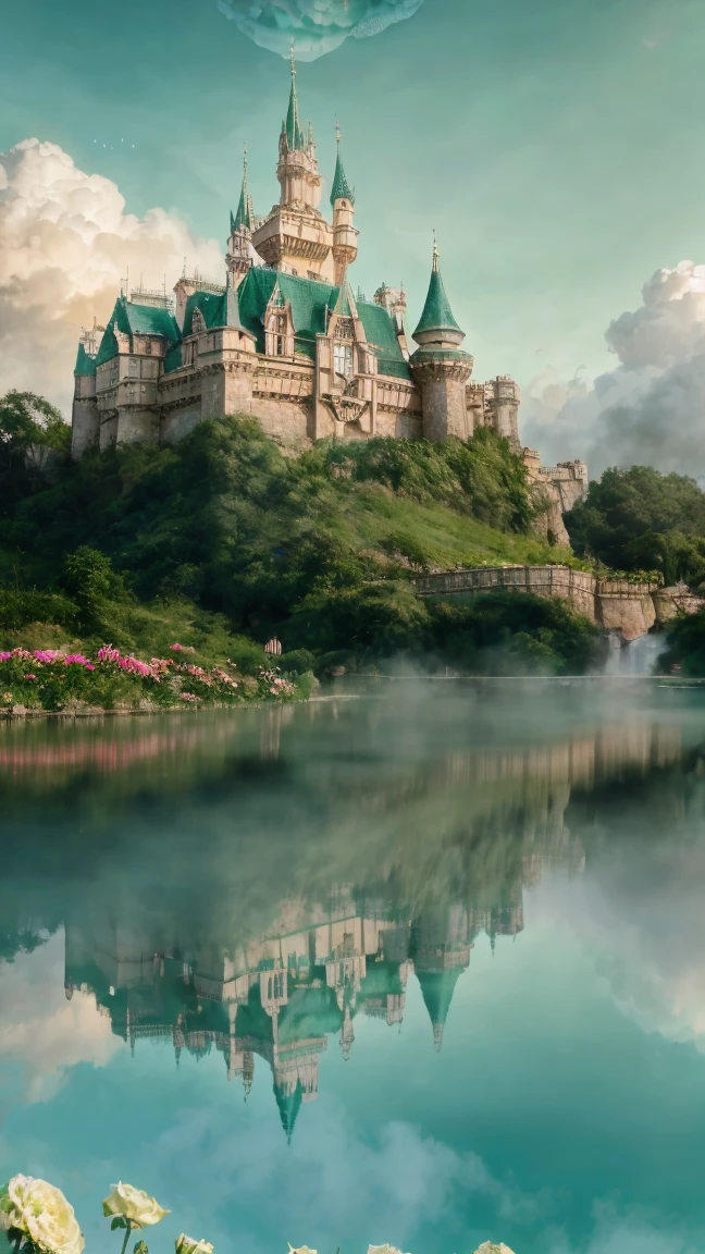 Epic CG matte painting, wide view, pale green clouds, Disney castle, garden full of flowers on the clouds, a few drops of water falling from the clouds, a sea of pale green roses, HD images, Unreal Engine, ArtStation 4k HD trend  