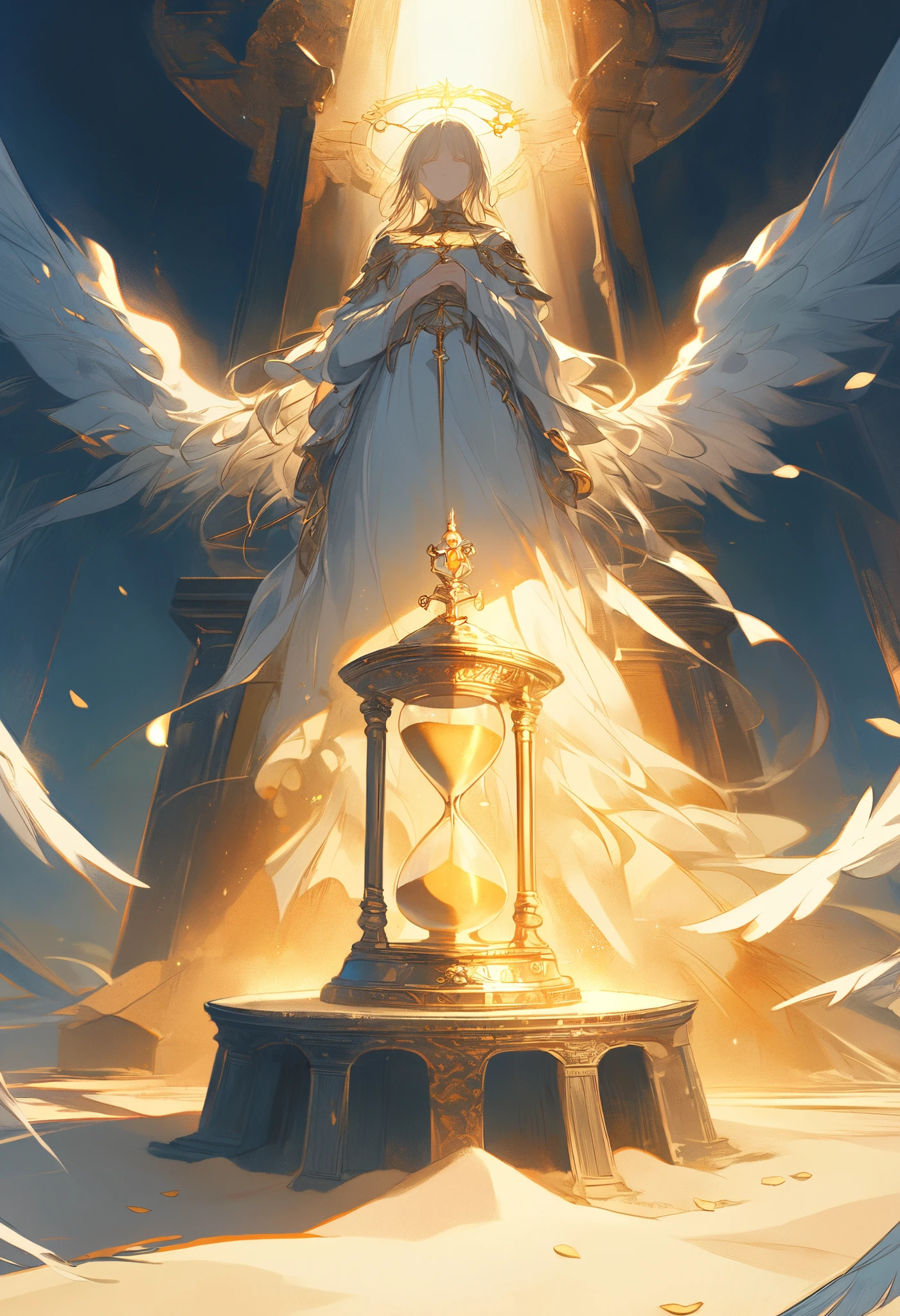 illustration, best quality, symbolic and emotional composition, a silver hourglass resting on an ornate pedestal, grains of shimmering sand nearly depleted, a faintly glowing ember floating above it, a sorrowful man kneeling before a stone statue of an angel, the statue's back adorned with radiant, ethereal wings made of light, golden rays breaking through heavy clouds, scattered petals and ash drifting in the air, atmosphere of redemption and quiet transcendence, muted silver and warm golden color palette
