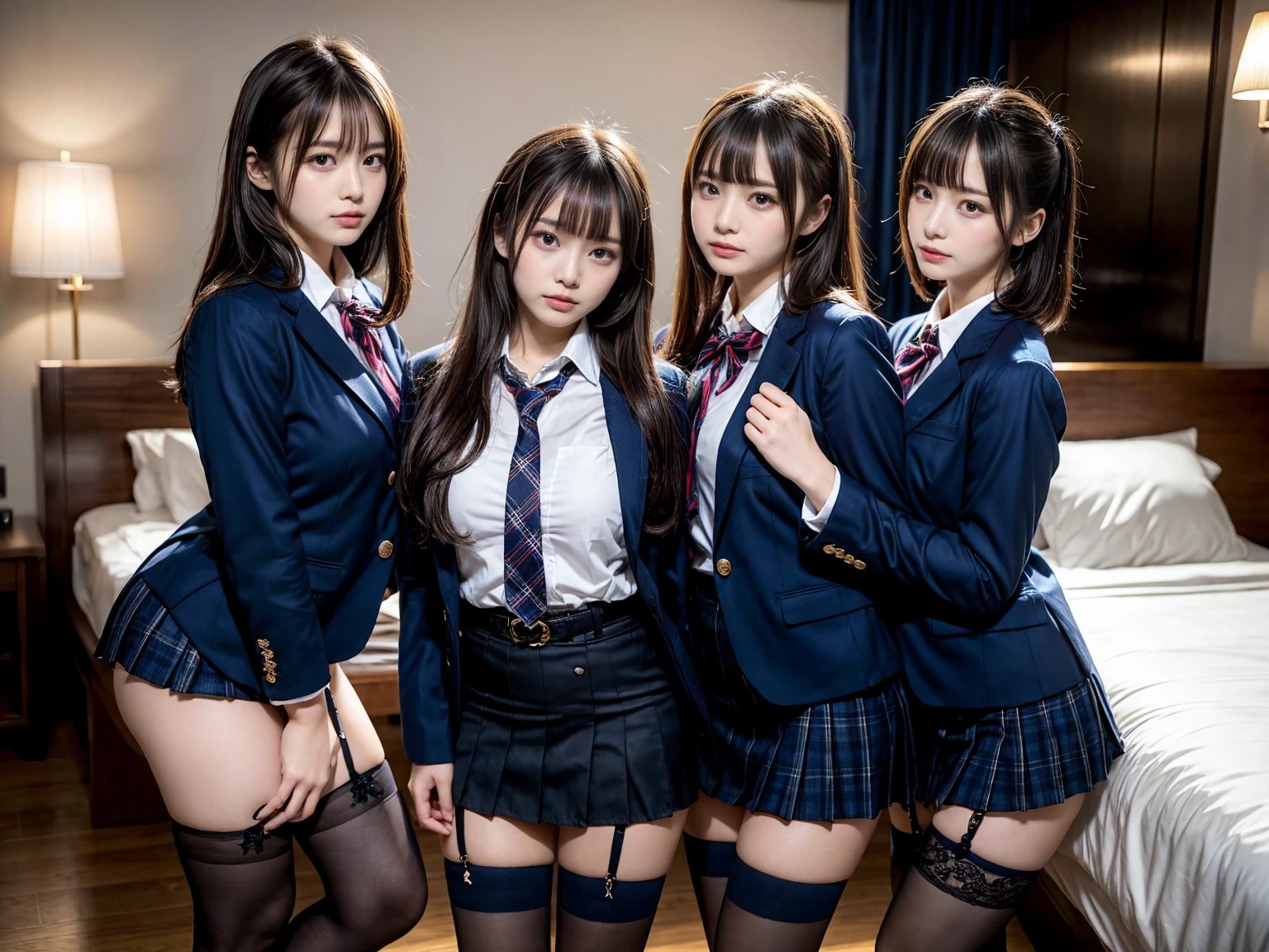 masutepiece, Best Quality, Five girls in the classroom,(5 people standing:1.2),Standing,Teenage, Looking at Viewer,l Group shot, harems,nffsw,Underwear,(pantiy),Realistic,School uniform,(Dark blue blazer and white shirt) ,(Dark blue pleated skirt),Blue Ribbon ,(Looking back, ass grab:0.9),(Beautiful eyes:1.3),frombelow,From below,Kinney,(skinny:1.2) ,Slender thighs, Long body, novel illustration,(Smelly eyes:0.5),closed curtains,(shirts lift,lifted by self:1.5) ,Dark Persona.Skirt lift front,(Panties:1.3),