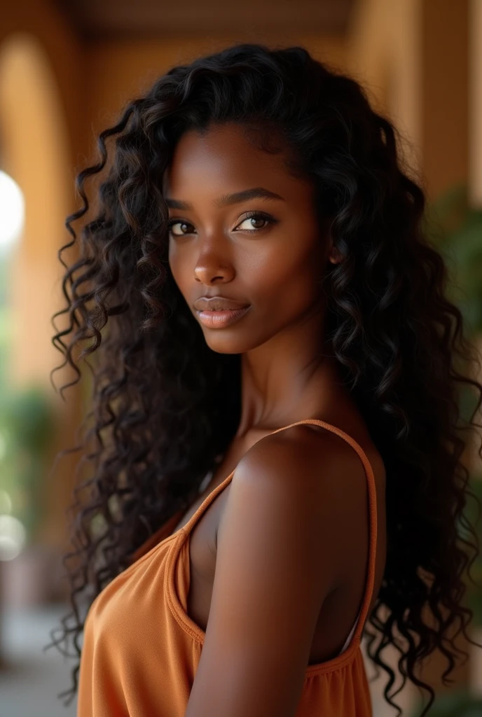 Here is the translation of your sentence into English:
"Beautiful perfect mulatto, with a lovely indigenous appearance, with beautiful black eyes, very long curly hair, wearing a yellow shirt."