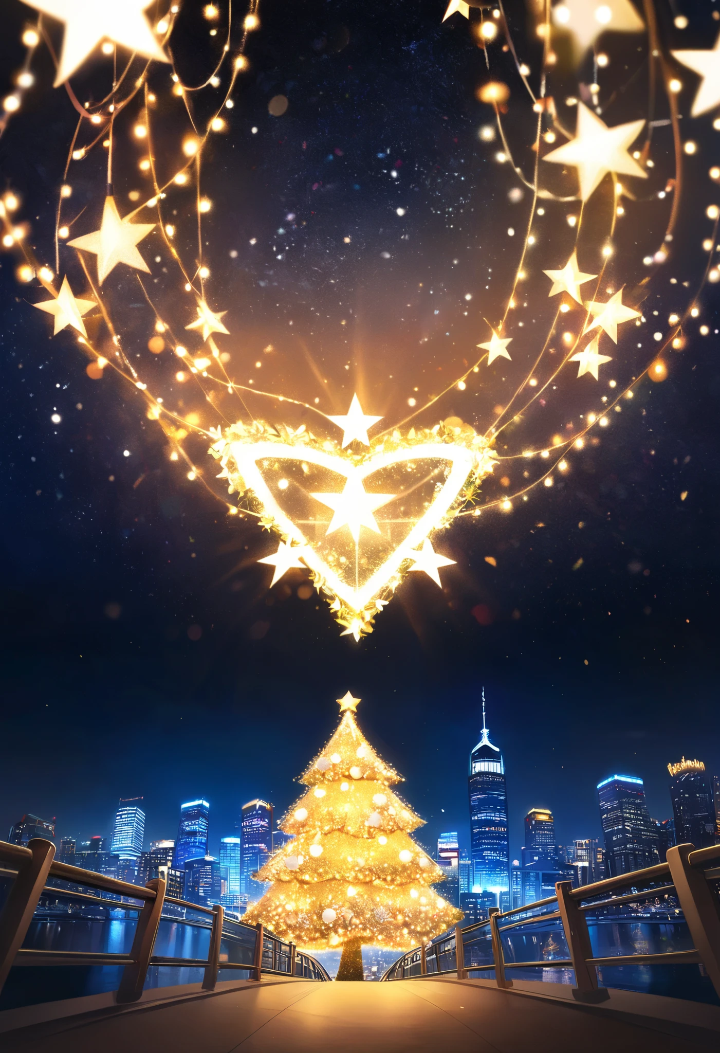 golden illuminated Christmas tree, glowing star topper, sparkling fairy lights, urban nightscape, city skyline, illuminated bridge in background, festive decorated trees, dark sky, vibrant holiday colors, serene and magical winter atmosphere, modern city celebration,