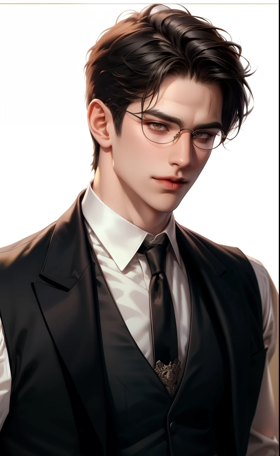 (masterpiece, best quality,ultra_ detailed, high resolution, Ridiculous Results ), 1 mature male , Case 30, (Broad shoulders), ( Muscular), male focus , unique , brown undercut hairstyle , chain, shirt, black tie, tie, simple background, yellow eyes , upper body, Vest, Short hair, View Audience, Smiley Face, split lips , collared shirt, Round glasses, Long sleeve, hands on his shoulders, white shirt, Brown background, black Vest, monocular , Jewelry.