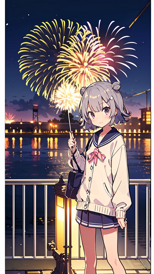 masterpiece,  best quality,  high definition ,  Very detailed,(((Koharu Rikka))), (((Standing in the city))), (((Street lamp))), (((night))), (((firework))), (((handrail)))