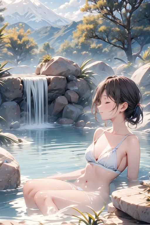 short-hair、A dark-haired、Bathing in the hot springs、cute little、Clear eyes、Open-air bath in summer、