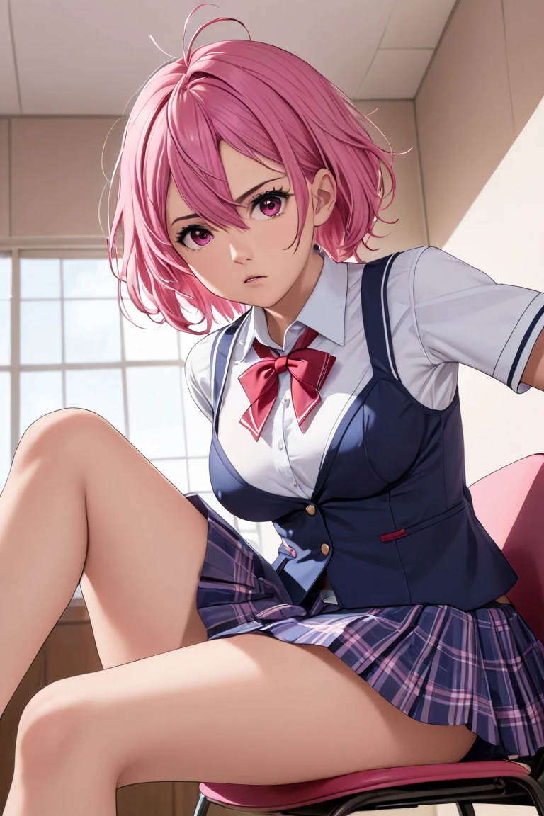 sscore_9, score_8_up, score_7_up, top quality, high resolution, 1girl, Aira Shiratori, left bias asymmetrical short hair, silky hair, stupid hair, pink hair, pink eyes, masterpiece, top quality, high school girl, winter uniform, sitting on chair, low angle, acrobatic angle, sexy lingerie peeking out from skirt, cute and angry, medium breast, cowboy shot