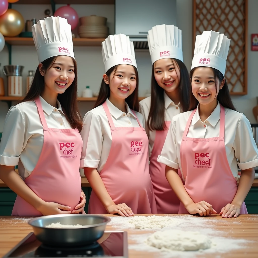 4 pretty girls, cooking class, looking fun, cooking, photo quality, 4k --auto --s2