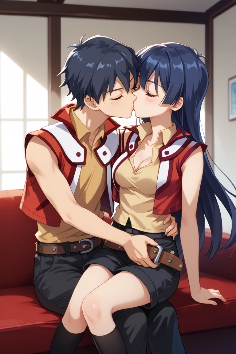 Saotome Rei, anime screencap,
aarei, long hair, blue hair, brown eyes, collared shirt, yellow shirt, red jacket, sleeveless, belt, black shorts, black thighhighs, medium breasts,  cleavage, medium breasts, cleavage, indoor,hotel,cowboy shot, blushing, incoming kiss, closed eyes, colarbone, 1boy, 1girl, kiss, couple, hetero male with black hair, hugging, sitting on lap, takeda hiromitsu style