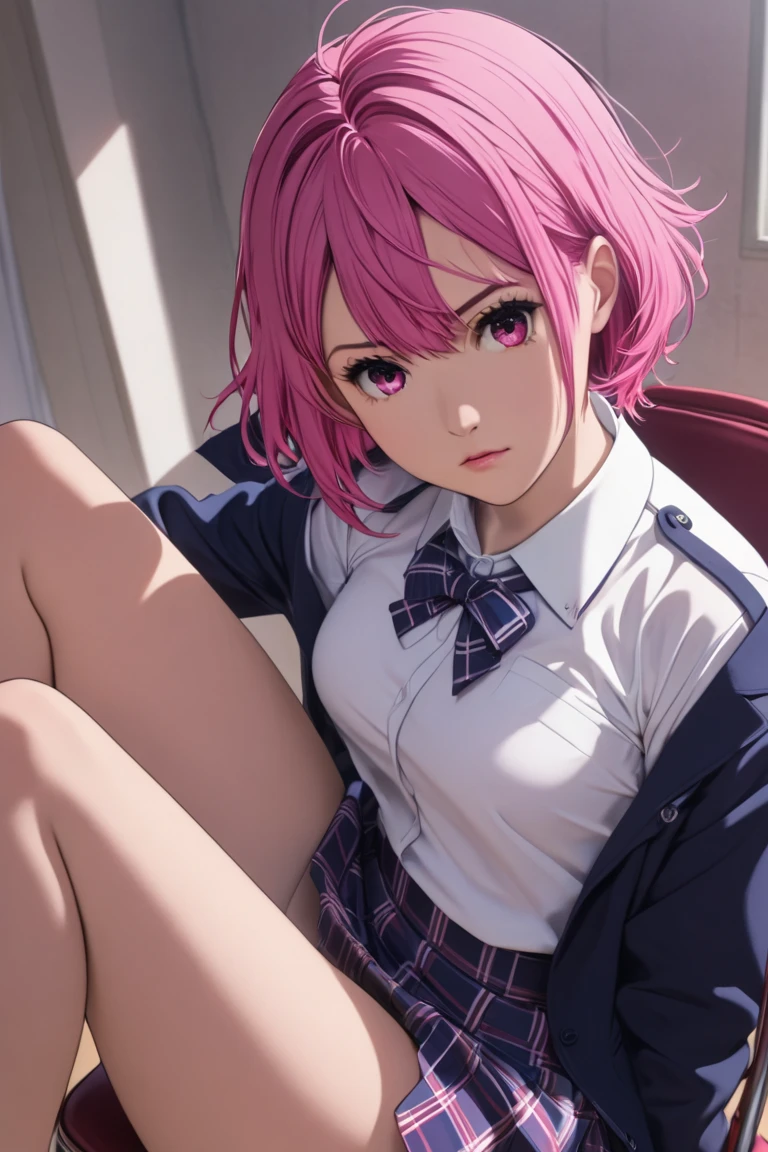 sscore_9, score_8_up, score_7_up, top quality, high resolution, 1girl, Aira Shiratori, left bias asymmetrical short hair, silky hair, stupid hair, pink hair, pink eyes, masterpiece, top quality, high school girl, winter uniform, sitting on chair, low angle, acrobatic angle, sexy lingerie peeking out from skirt, cute and angry, medium breast, cowboy shot