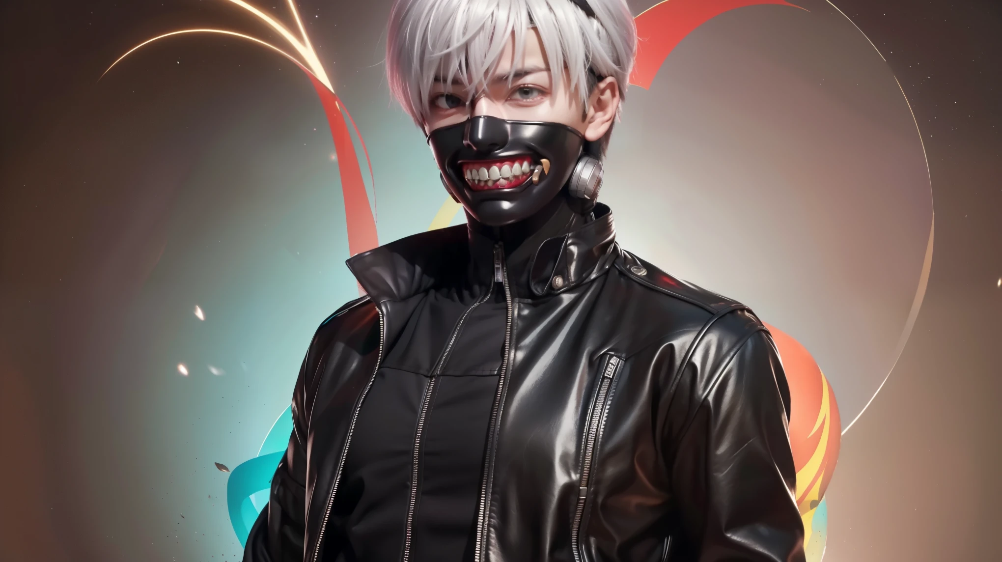 "cool 20 year old kaneki ken is a true masterpiece with masculine beauty, perfect anatomy. Olpntng style, colorful rainbow, wearing a black leather jacket, mask revealing a very menacing smile , clean design, epic Instagram, artstation, full of paint splashes, circles, outlines When you look at his beautiful Eyes you will clearly see every little detail and perfect line, every detail The details on the skin are beautiful in 8K quality. Be fascinated by the confidence radiating from every look. His head has white hair and his face is drawn meticulously in every detail in 8K image quality."