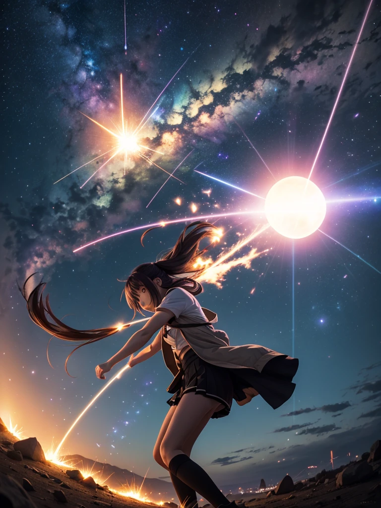 Sky from anime with a light coming from the sky and hitting the ground with impact