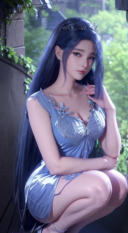 1girl,solo,palace, center character,gawr gura,floating hair,hair ornament,jewelries,accessories,little girl,loli, detailed hand,white hair,blue hair,streaked hair,beautiful detailed eyes,blue eyes,white robe,greek clothes,sitting,flowing clothes,dutch angle,colorful corals,coral reefs,pillars,pantheon,white pillars,white palace,