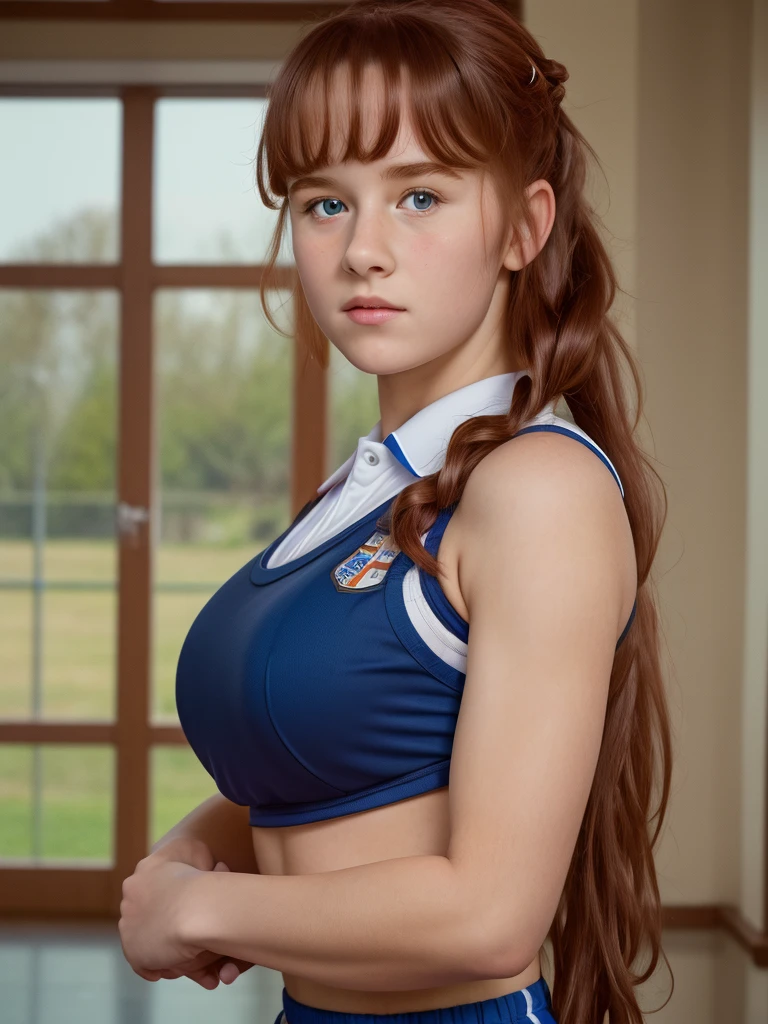 (best quality,4k,8k,highres,masterpiece:1.2),ultra-detailed,(realistic,photorealistic,photo-realistic:1.37), ((mittelalter, gym, a young school girl, she wears PE uniform, solo, shy)), ((very large bust size for her young age)), braided red hair, pale skin, sagging breasts