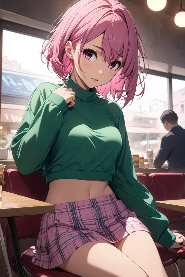 score_9, score_8_up, score_7_up, highest quality, high resolution, 1girl, Aira Shiratori, left bias asymmetrical short hair, silky hair, stupid hair, pink hair, pink eyes, masterpiece, highest quality, winter plain clothes, cafe, sitting on chair, on date, low angle, Acrobatic angle, Sexy lingerie peeking out from skirt, Embarrassing, Midriff, Cowboy shot