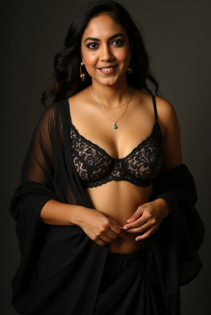 Ritu Verma with big breasts dark color skin wears black saree from a room black transparent bra her age husband fastens saree around her waist navel and cleavage can be seen