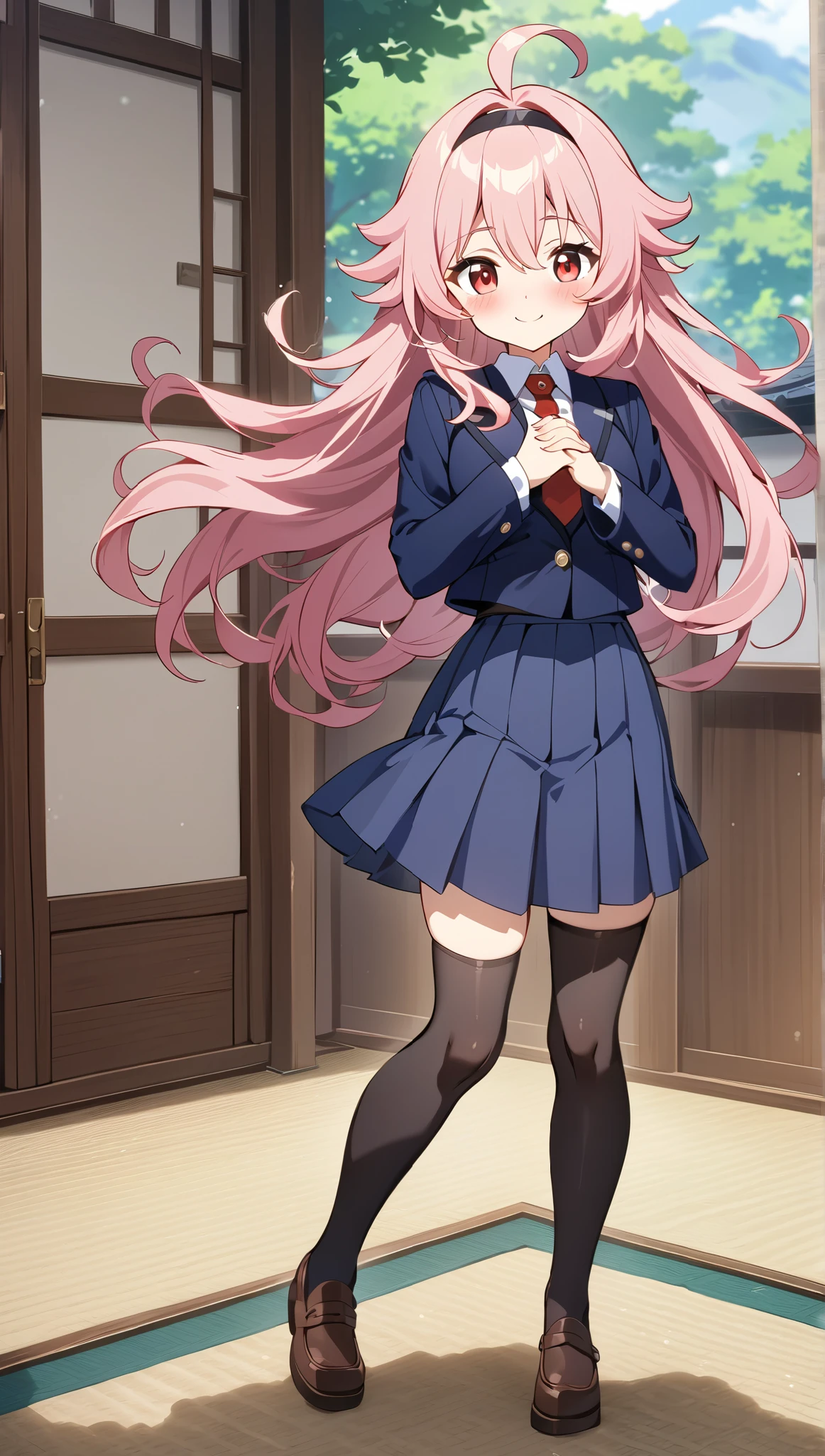 Hands clasped in front of chest, 1girl who blushes and confesses her love with all her heart, standing, cute, round eyes, smile, pretty, red necktie, brown shoes,  girl, indigo school uniform jacket, white school uniform shirt, floating hair, indigo school uniform skirt, very messy hair, ahoge, pink hair, spiked hair, long hair, red eyes, black hairband, 1girl, full black stocking, best quality, amazing quality, very aesthetic, highres, incredibly absurd, masterpiece, japanese anime, genshin art style,