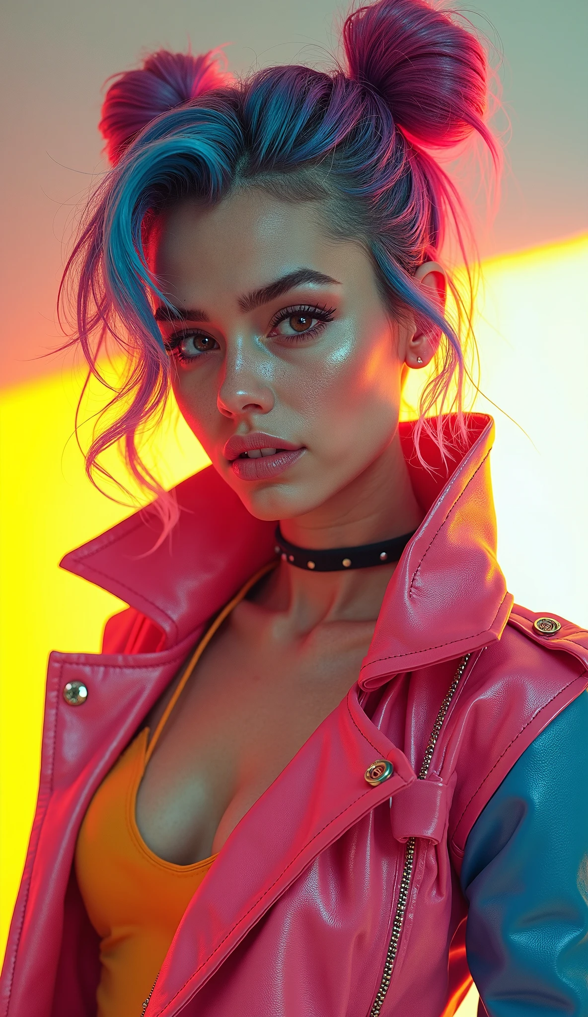 1girl, excited,
face retouch,
fully clothed,
glam punk,
one hand in hair,
ocean drive, miami (night),
rainbow,
rave,
tattoos: colorful, large breasts, jewlery, open jacket, rainbow clothing