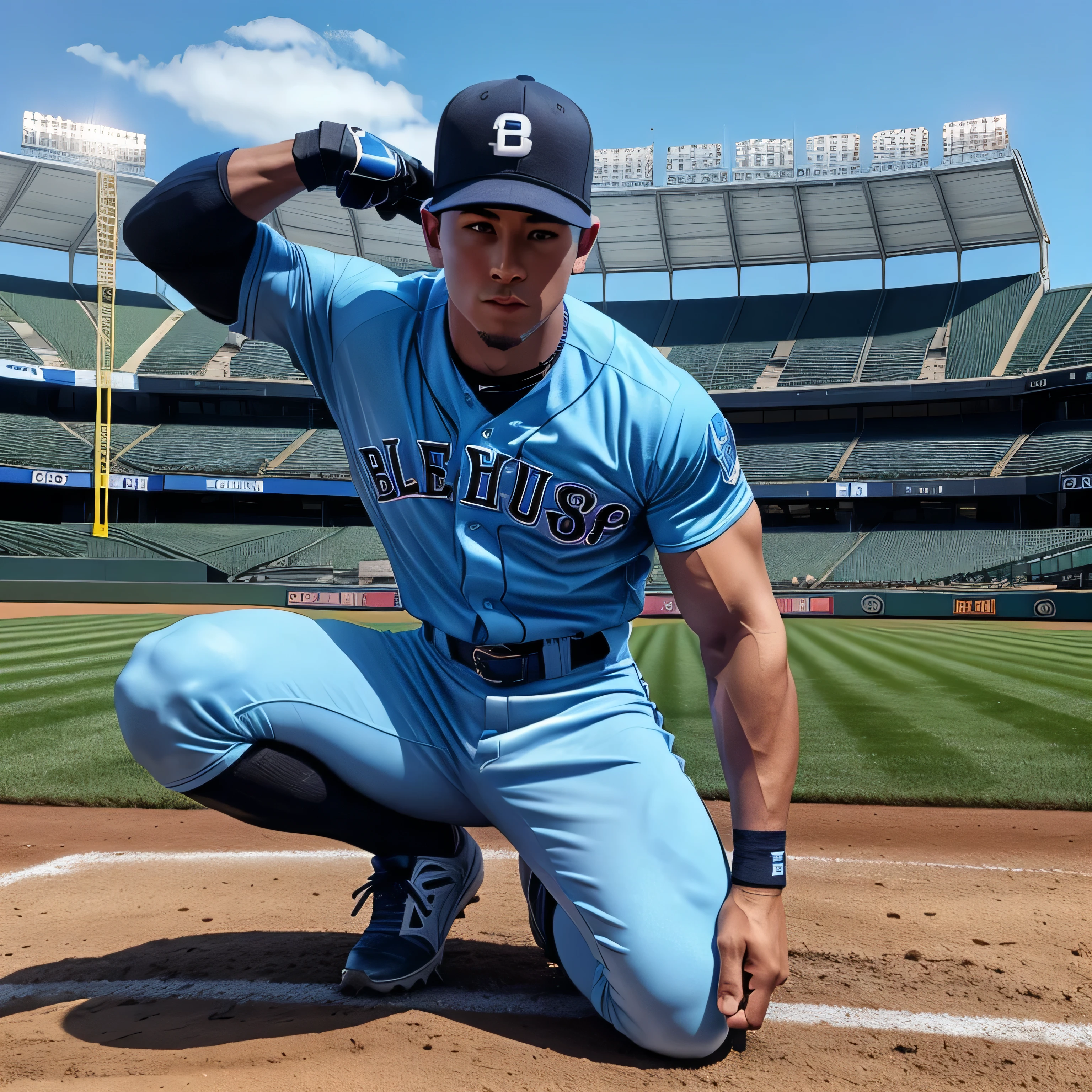 (baseball field), standing at shortstop, CFJesse, JesseSantana, slight smile, baseballplayer, baseball uniform, blue jersey, wearing blue baseball cap, white pants, blue socks, black sneakers(((wearing baseball mitt))), (((full body portrait))), wide angle, <lora:Clothing - Sexy Baseball Player:0.75> <lora:JesseSantana-twink:0.8>