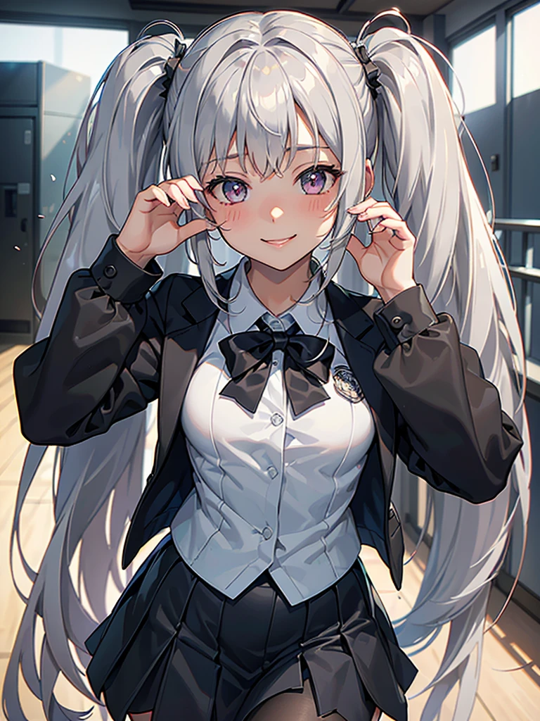 High quality, Ultra detailed, best quality, insanely detailed, beautiful, master piece,score_9, score_8_up, score_7_up,source_anime,1girl, ,silver long hair,twintails,tsurime,small breasts,school uniform blazer 、On the way to school、 smiles、Blushing