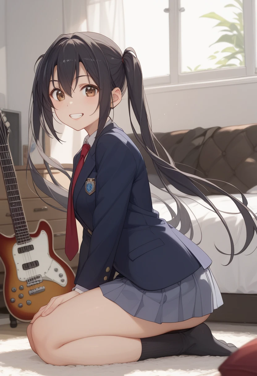  Azusa Nakano(K-ON!！)、navy blue blazer clothes,Red tie、 grey miniskirt, 、Black hair, long twin tails, from about behind ears, Club room、nakano azusa(K-ON!)、 brown eyes、Black socks、 、Lori figure 、I have a guitar、Kyoani's face、Rounded outline、Eyes that are completely squishy、Big Eyes 、smile、Showing teeth、 kneeling、 thighs are thick、 panchira 、 thighs are thick