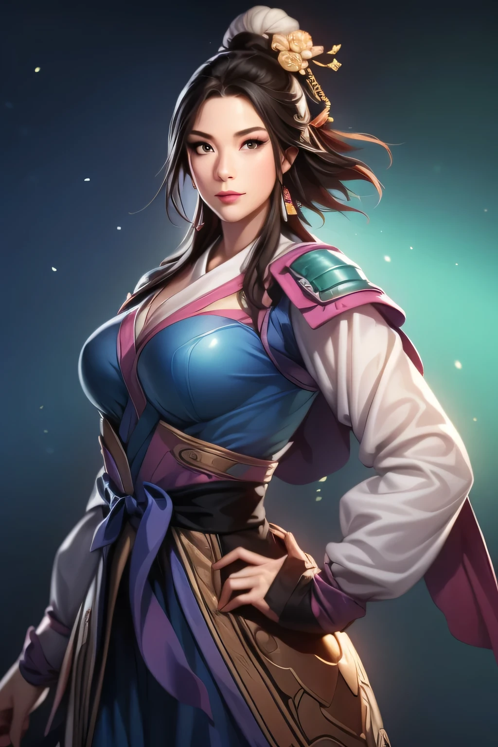 Han Dynasty Landscape、Three Kingdoms、(Highest quality,4K,8k,High resolution,masterpiece:1.2)、Very detailed, High resolution,hyper HD、Studio Lighting、Ultra-fine painting、 Sharp focus、 Physically Based Rendering、 Very detailed explanation、 Professional、 Vibrant colors、Traditional Chinese Painting Techniques、 Atmospheric lighting、 Vivid color contrast、Very detailed目と顔、 Beautiful attention to detail、 Light on the face、young woman wearing armor、(armor: 1.1)、Eyes are green, perfect body, (((ung woman))、Anatomically correct、Dynamic Pose, full-body potrait