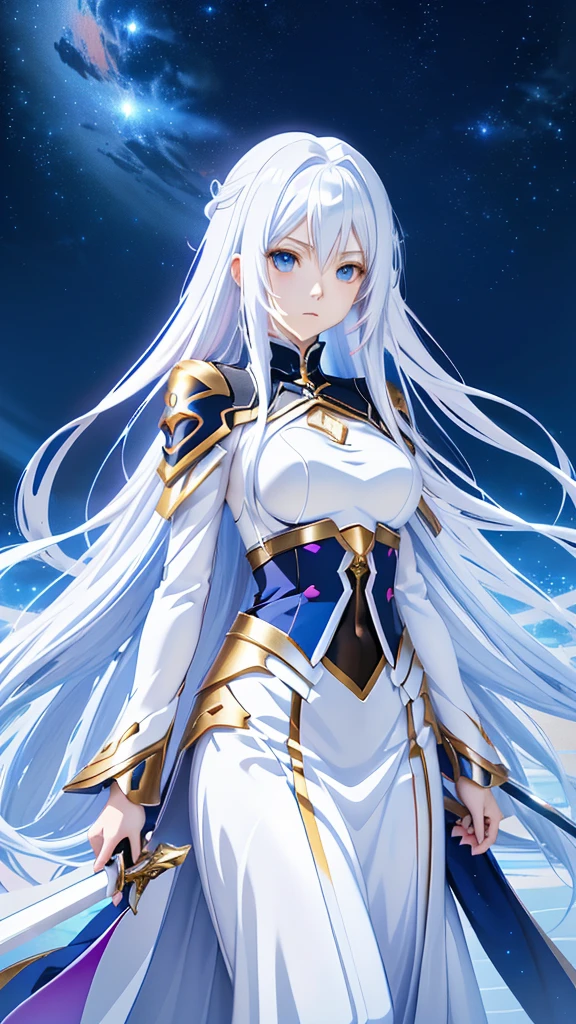 anime girl with white hair and long white hair holding a sword, beautiful fantasy anime, anime epic artwork, white haired deity, epic anime fantasy, high definition anime art, zero two, anime fantasy artwork, nightcore, detailed key anime art, ”beautiful anime woman, hd anime wallaper, ultra hd anime wallpaper, hd anime wallpaper, anime wallaper