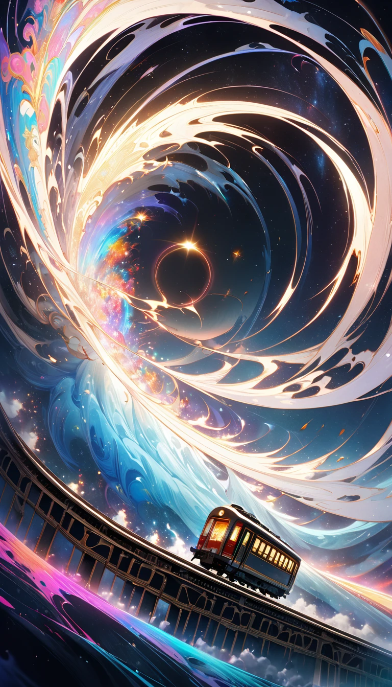 An ethereal train adorned with celestial patterns and divine symbols of Hindu gods racing towards a colossal ornate gate, The scene captures the precise moment of impact as the train begins to dissolve and vanish into the swirling mystical energy of the gate, The train depicted in color tones with hints of ethereal light appears to be tearing through the very fabric of space-time, Styled like a traditional sumi-e (watercolor) painting this dynamic and grandiose cosmic journey is set against a void-like background to emphasize the otherworldly atmosphere, chromatic aberration abuse, UHD, retina, masterpiece, accurate, super detail, high details, high quality, 16k, award winning