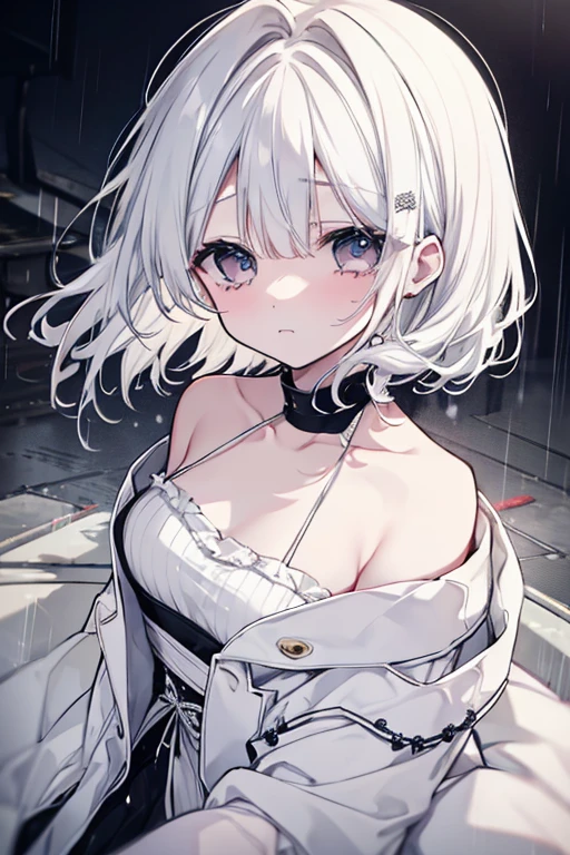 ((Highest quality, High resolution,  Perfect Pixel,  4K)),  (Beautiful Anime Girls), Depth of written boundary、
looking at viewer, 

short hair, Baby Face、Detailed eyes、Round face、he is short、
 
(Gray Hair、Brown Skin:1.5)、(Big Breasts:1.1)、

White T-shirt、bottomless、
avroraprisoner, Torn_clothes, metals_collar, 

tears、
prison、dark、concrete、