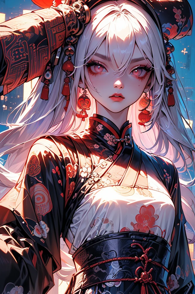 (masterpiece, top quality, best quality, official art, beautiful, cosmic, atmospheric, psychedelic, dreamlike and aesthetic, swirling psychedelic cosmic graffiti patterns:1.2), (1girl), extreme detailed,(fractal art:1.3),colorful,highest detailed, "(Best Quality, 8K, 32K, masutepiece:1.3), Ultra-detailed, (Photorealistic:1.4), pink and white colors, perfect color scheme, albino, Punk rock Girl, Detailed moonlight eyes, Upper body, Luxurious punk hair, Edgy Harajuku-inspired punk rock fashion, super huge enormously gigantic tits, cleavage showing, Avant-garde makeup, Numerous piercings, Heavily tattooed body, Barefoot woman(30-years old) , (fair white skin:1.7)、 (long pink hair)、(Samurai style black and gold kimono:1.0)、(Big dragon background)、(White smoke)、(two swords)、(abnormally large breasts)、(Red smoke around the body:1.7)、Bare shoulders, Double eyelids, (Gray eyes)、Parted lips,Solo,(cleavage)、delicate and sexy(clavicle:1.3), (Shiny skin:0.8),(masutepiece:1.4),(Best Quality:1.4),glossy red lips, Perfect Abs, Wet(full of sweat)、low angles, (from below angle), High detailed skin, Skin pores,(Katsushika Hokusai-style background)