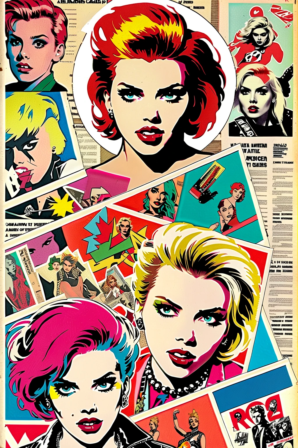 scarlett johansson Punk Collage 1980's rockstar comic book collage on a journal page colorful RGB color