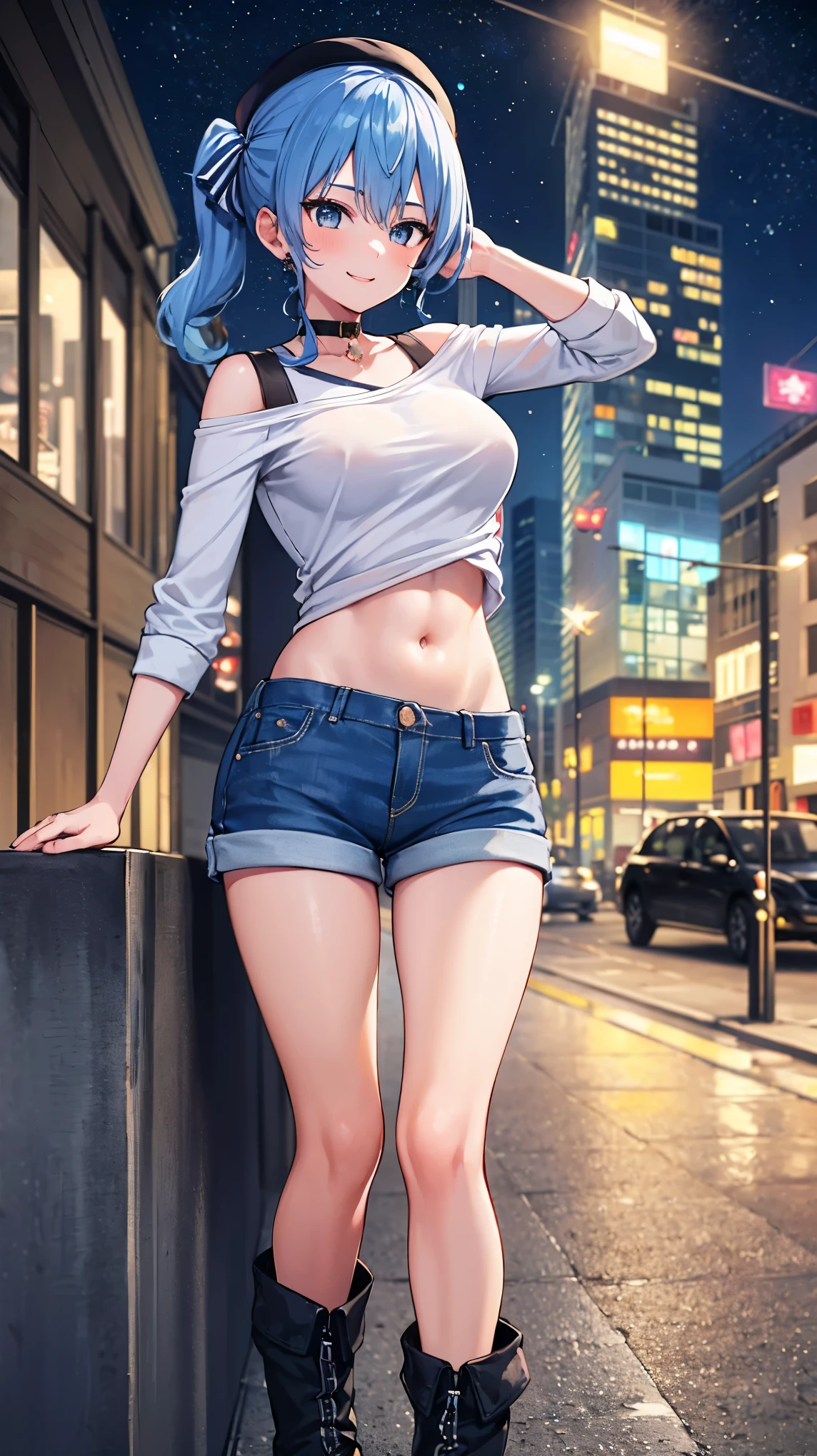 (8k、Best image quality、highest quality)、Detailed face、 1teen_girl、Blue Hair、Long Hair、sideponytail、dark_blue_eyes、smile,(peek_navel:0.7),(small_breasts:0.8),(White_T-shirt:1.3)、Off_shoulder、Black shoulder straps、(open_front_shorts,denim_short_shorts:1.2)、City Background, starry_sky_landscape ,hoshimachi suisei, (belly_button:1.2),nihil,solo,stargaze,girl_looking_up_sky,slender,solo,boots,abs, tight_waist, point_to_sky,slender_thighs,knees