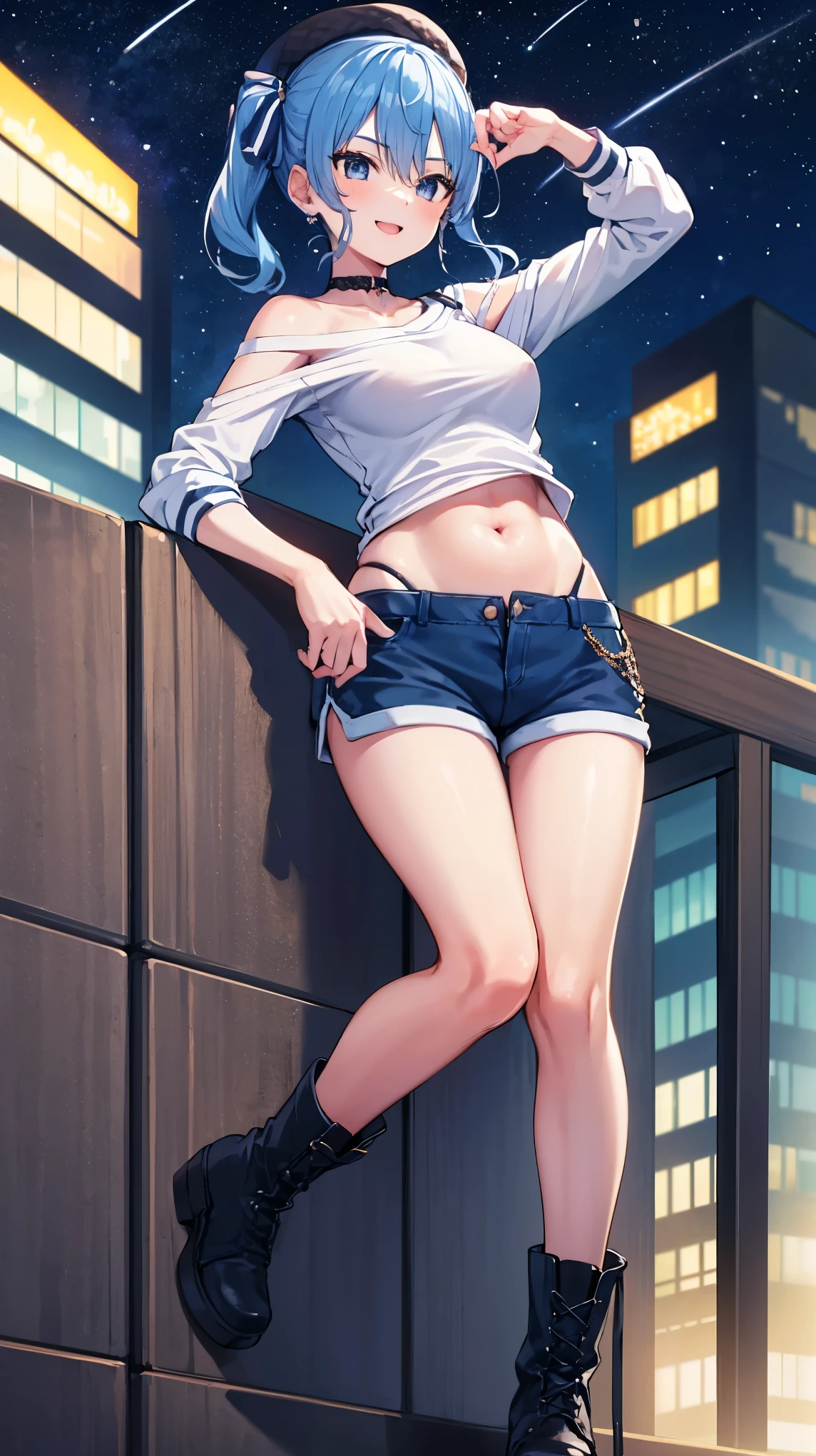 (8k、Best image quality、highest quality)、Detailed face、 1teen_girl、Blue Hair、Long Hair、sideponytail、dark_blue_eyes、smile,(peek_navel:0.7),(small_breasts:0.8),(White_T-shirt:1.3)、Off_shoulder、Black shoulder straps、(open_front_shorts,denim_short_shorts:1.2)、City Background, starry_sky_landscape ,hoshimachi suisei, (belly_button:1.2),nihil,solo,stargaze,girl_looking_up_sky,slender,solo,boots,abs, tight_waist, point_to_sky,slender_thighs,knees