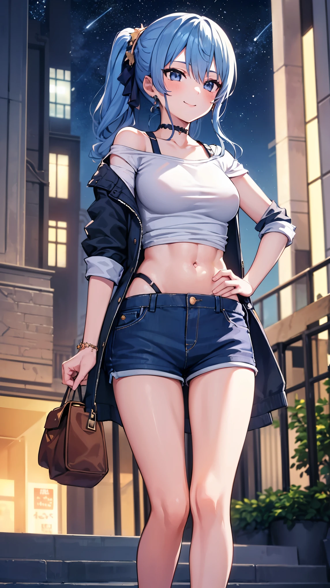 (8k、Best image quality、highest quality)、Detailed face、 1teen_girl、Blue Hair、Long Hair、sideponytail、dark_blue_eyes、smile,(peek_navel:0.7),(small_breasts:0.8),(White_T-shirt:1.3)、Off_shoulder、Black shoulder straps、(open_front_shorts,denim_short_shorts:1.2)、City Background, starry_sky_landscape ,hoshimachi suisei, (belly_button:1.2),nihil,solo,stargaze,girl_looking_up_sky,slender,solo,boots,abs, tight_waist, point_to_sky,slender_thighs,knees