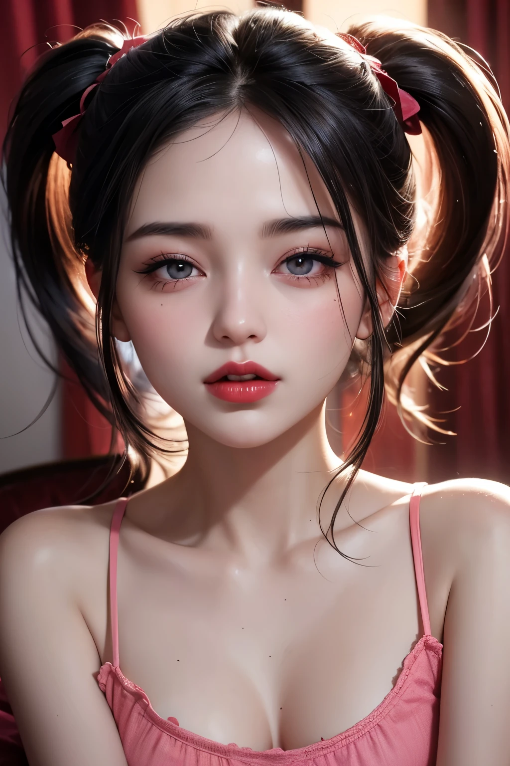 Amazing portrait of a woman who is 30 years old and an adult and a sexy woman with a beautiful face emphasized by amazing makeup and beautifully detailed eyes with perfect lips wearing her black hair in a messy bun blushing intensely as she's flustered and lustful wearing some elegant earrings and a black blouse paired with a sheer dark green saree making her look hot with vibrant colors and soft lighting during night time with soft lighting showcasing her red lips and her beautiful face in detail and close up