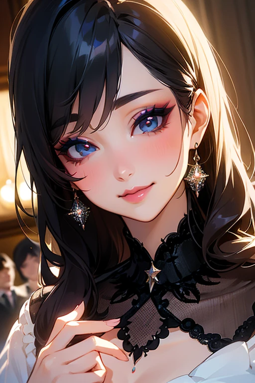 (masterpiece:1.5),(Beat quality),(high res),1girl solo,beautiful face,smile(shining eyes),upper body,light effects,black evening dress women,Castle