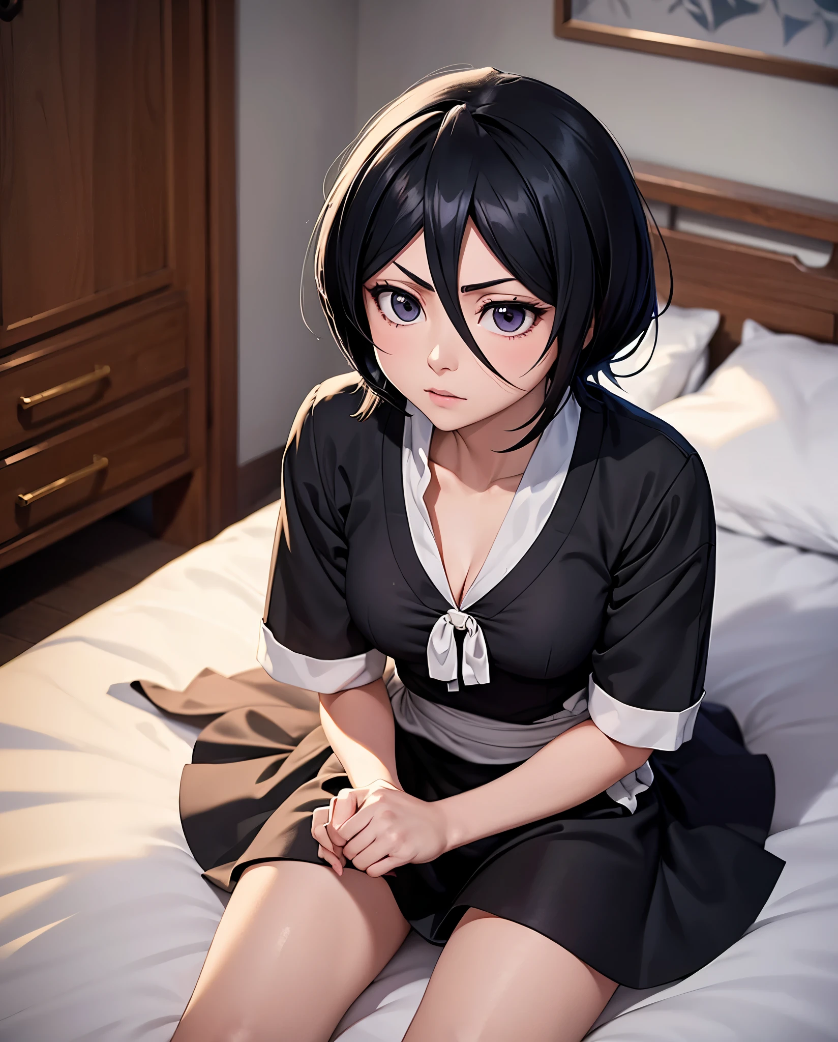 solo, 1 girl, rukia kuchiki, bleach , deatailed face, detailed hand, detained legs,high quality, short black hair, wearing night dress, sitting on knees, sitting on bed, room, dinamic pose, parted leg, cleavage, both hands on front  embarrassed, cowboy shot, full view, photo taken from from up,
 High Resolution, Masterpiece, Anatomically Correct, 